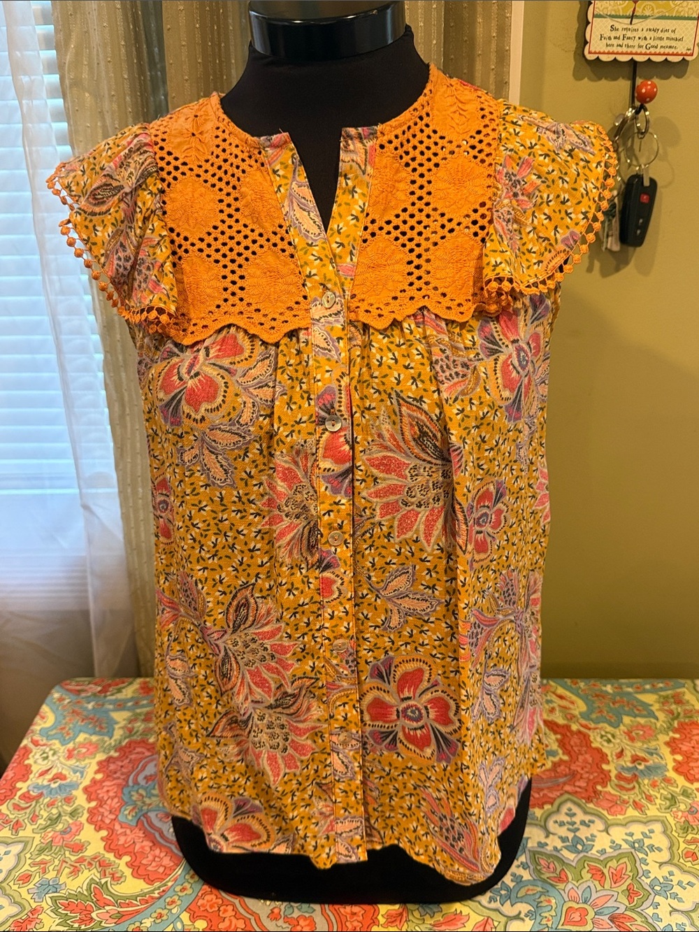 Nanette Lepore Burnt Orange Crochet-Trim Floral Blouse
